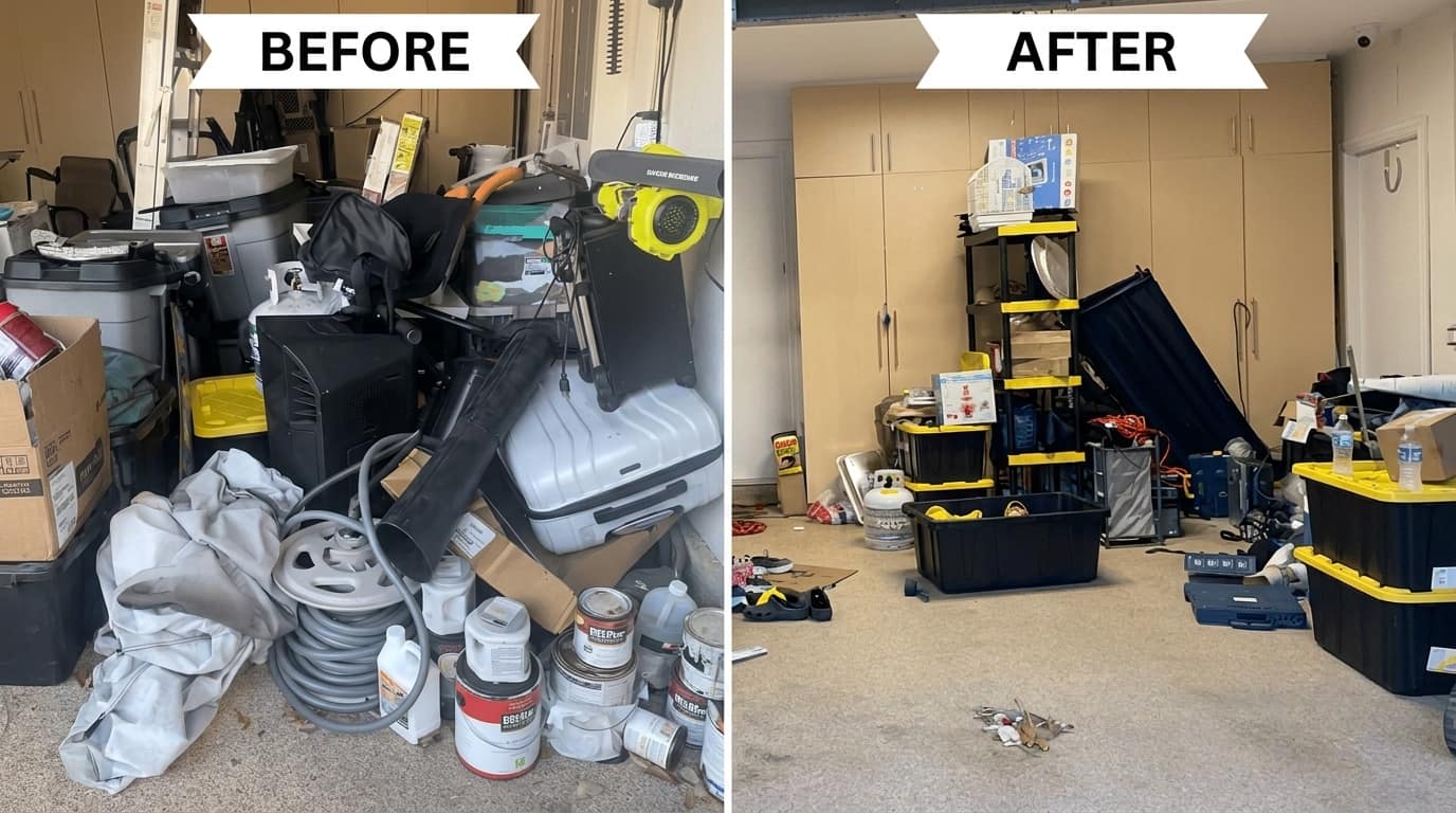 Before and after of a South Florida garage cleanout with floor-to-ceiling clutter cleared down to bare floor and organized shelving