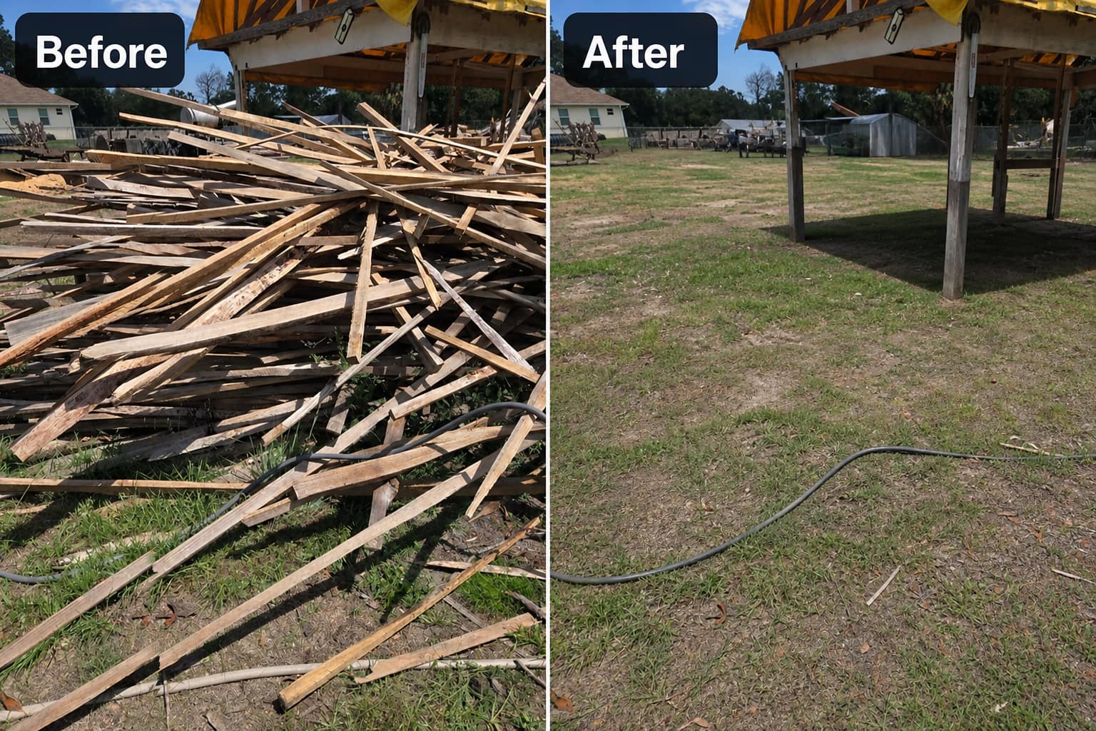 Before and after of a large scrap lumber and construction debris pile removed from a property, leaving clear open grass